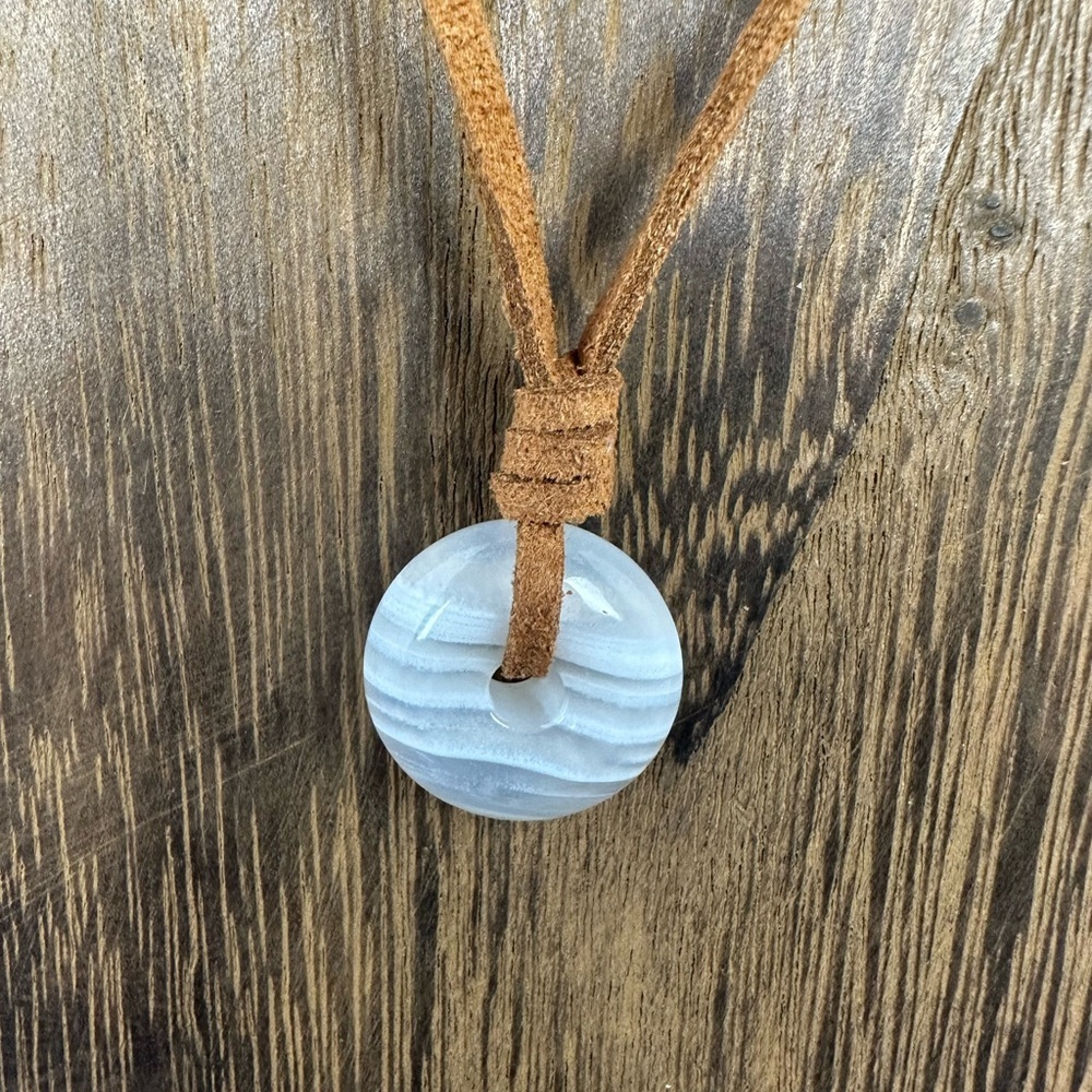Small Banded White Agate Donut Pendant Necklace on Brown Suede - Picture 4 of 14